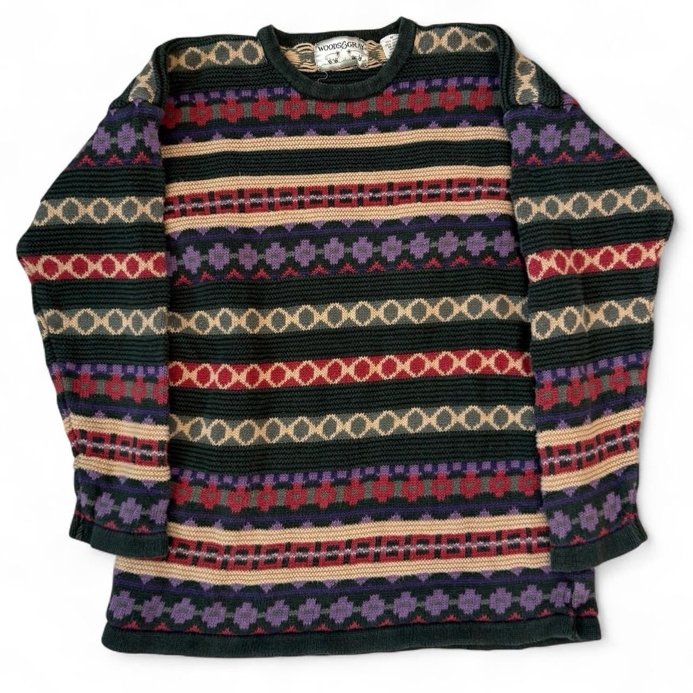 Vintage Woods & Gray 3D Knit Striped Geometric Sweatshirt Adult Medium 90s VTG